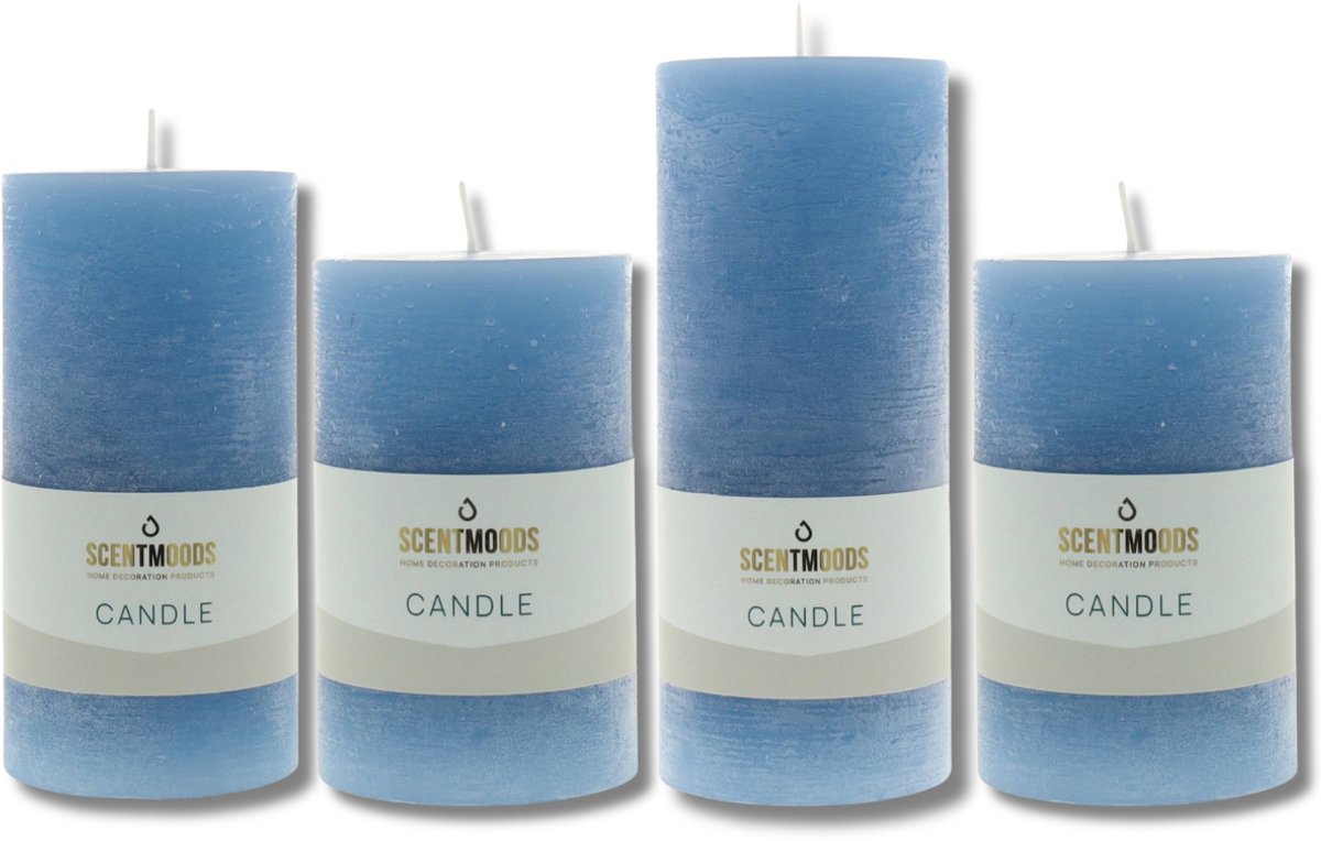 Scentmoods Rustieke Kaars Set Oceaan – Set van 4 Stompkaars en Dinerkaars in Diepe Blauwtinten