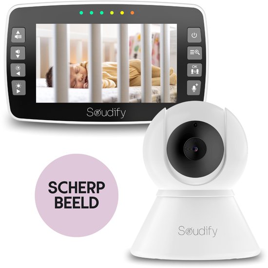Soudify – Babyfoon – Babyfoon met camera – Baby Monitor – Plug & Play – 360° Roterende camera – 300m bereik – ECO-mode – Veilige FHSS-verbinding – Nachtzicht & Zoomfunctie - Wit