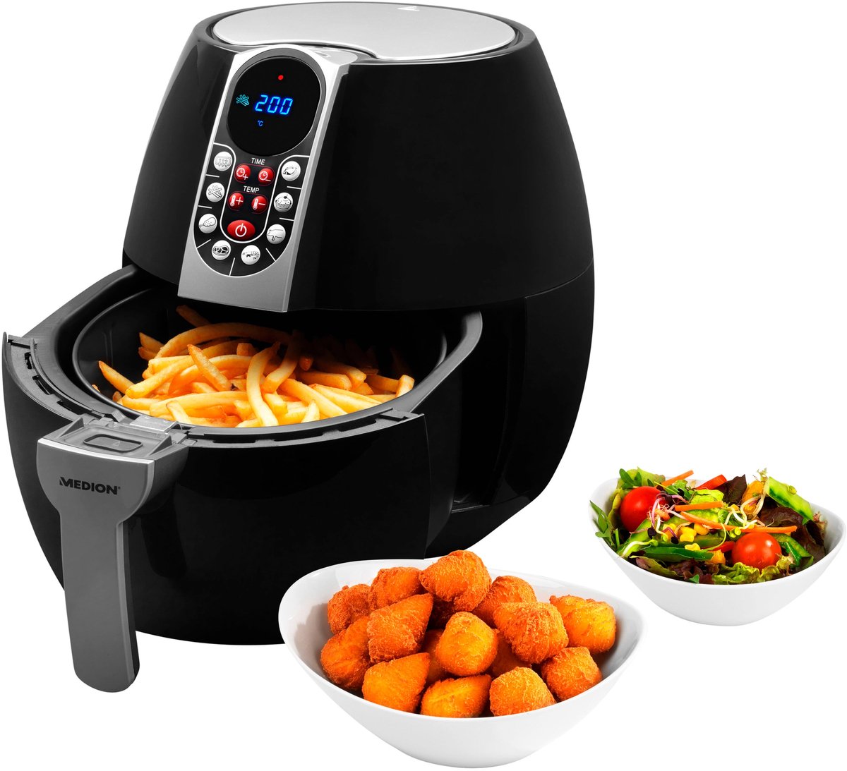 MEDION friteuse, ca. 1500 watt, digitaal bedieningspaneel, totale inhoud 4 liter, olievrij frituren, 30 min timer, oververhittingsbeveiliging, MD17320 zwart