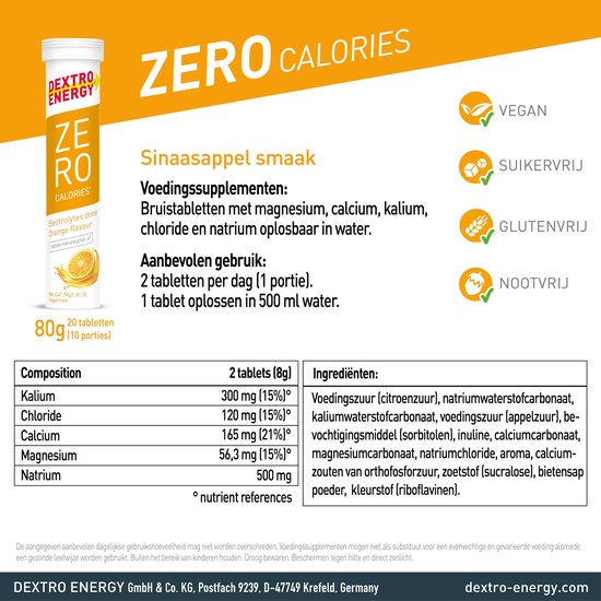 Dextro Energy Zero Calories Orange - Elektrolyten Sportdrank - Suikervrij - Electrolytes Drink - 3 x 20 tabletten (30 Liter)