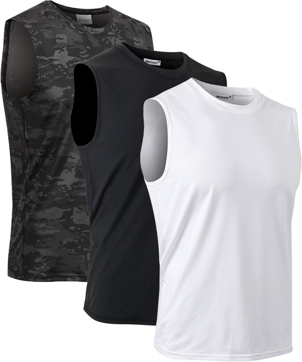 MEETYOO 3-Pack Heren Atletiekshirts Mouwloos Trainings Tanktop Sport Basislaag Sport Tanktop Heren - Sportkleding Man - Fitnesskleding - Jongens Kleding voor Fitness, CrossFit & Gym Hardlopen Basketbal Zwart/Wit/Camouflage-S