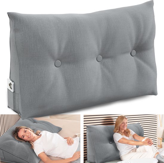 Coussin de soutien dorsal ELONEO, coussin triangulaire et coussin de tête de lit pour lit et canapé, housse amovible et lavable, poche latérale pratique - 100 cm de large