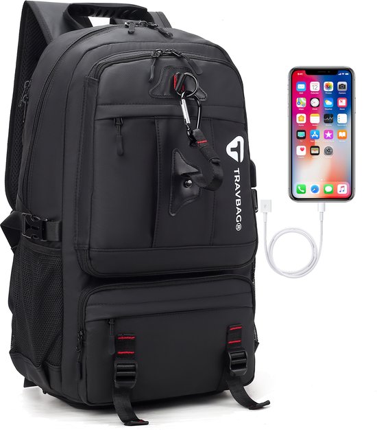 TravBag® - Rugtas - Rugzak - 65 Liter - Hike Tas - Backpack Reistas - Draagcomfort - Grote Capaciteit - Geschikt als School Tas- Anti diefstal - Praktisch Design - Laptop - 17.3 inch - Waterafstotend - Opbergruimte - USB Oplaadpoort - Schoenen vak