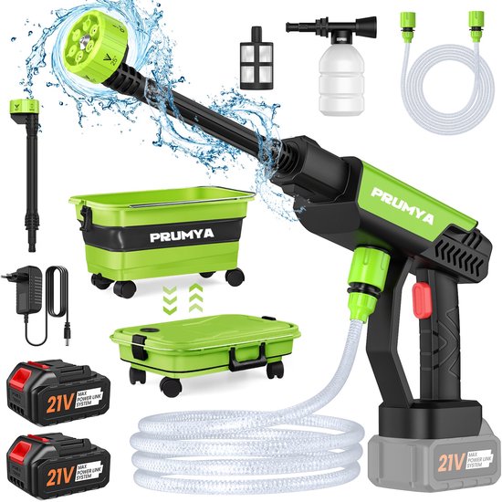 6-in-1 Draadloze Hogedrukreiniger met Opvouwbare Watertank – Inclusief 2x Accu + 1x Oplader, Groen Design voor Auto- en Tuinreiniging