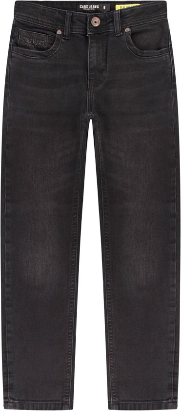 Donkergrijze denim jeans, model 'Douglas', met merkembleem op de zak.