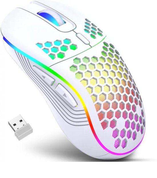 Kubus draadloze gaming muis - 3 verschillende DPI standen - rechtshandig - RGB verlichting - 82 gram - Wit - werkt met alle software - ergonomisch