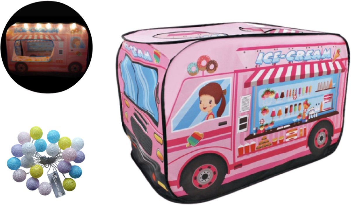 Speeltent IJscowagen met LED lampjes - Kindertent - Speelhuis - Ice Cream Truck - Rollenspel - Pop Up Tent