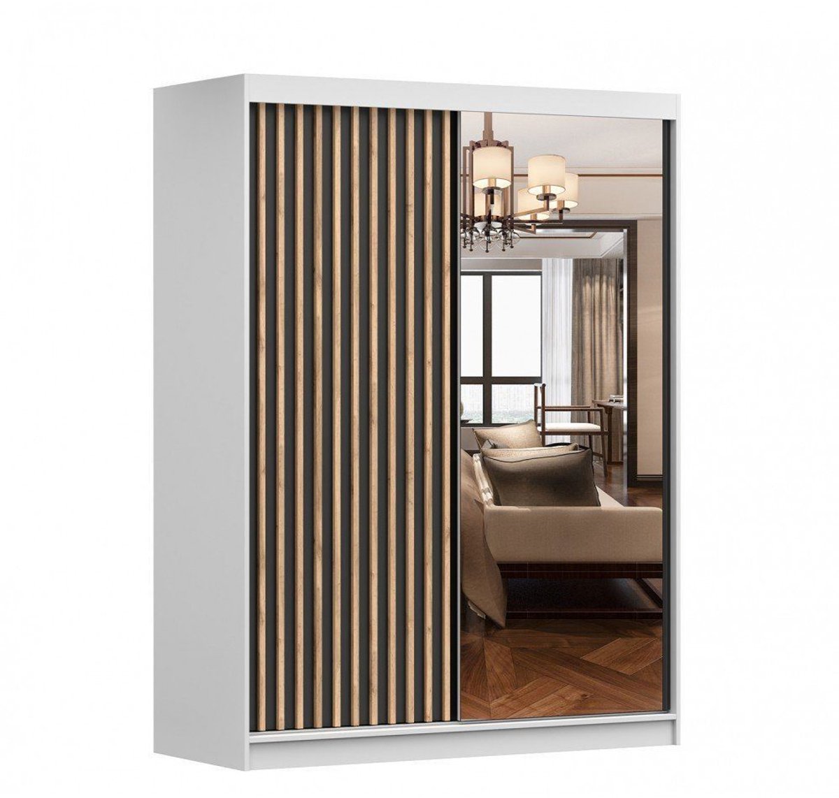 AJE Meubles B.V. Schuifdeurkast LABI – 2-deurs kledingkast met decoratieve lamellen, legplanken en kledingroede – met spiegel – 150x200x61 cm - LABI (Wit + Zwart + Houten lamellen)