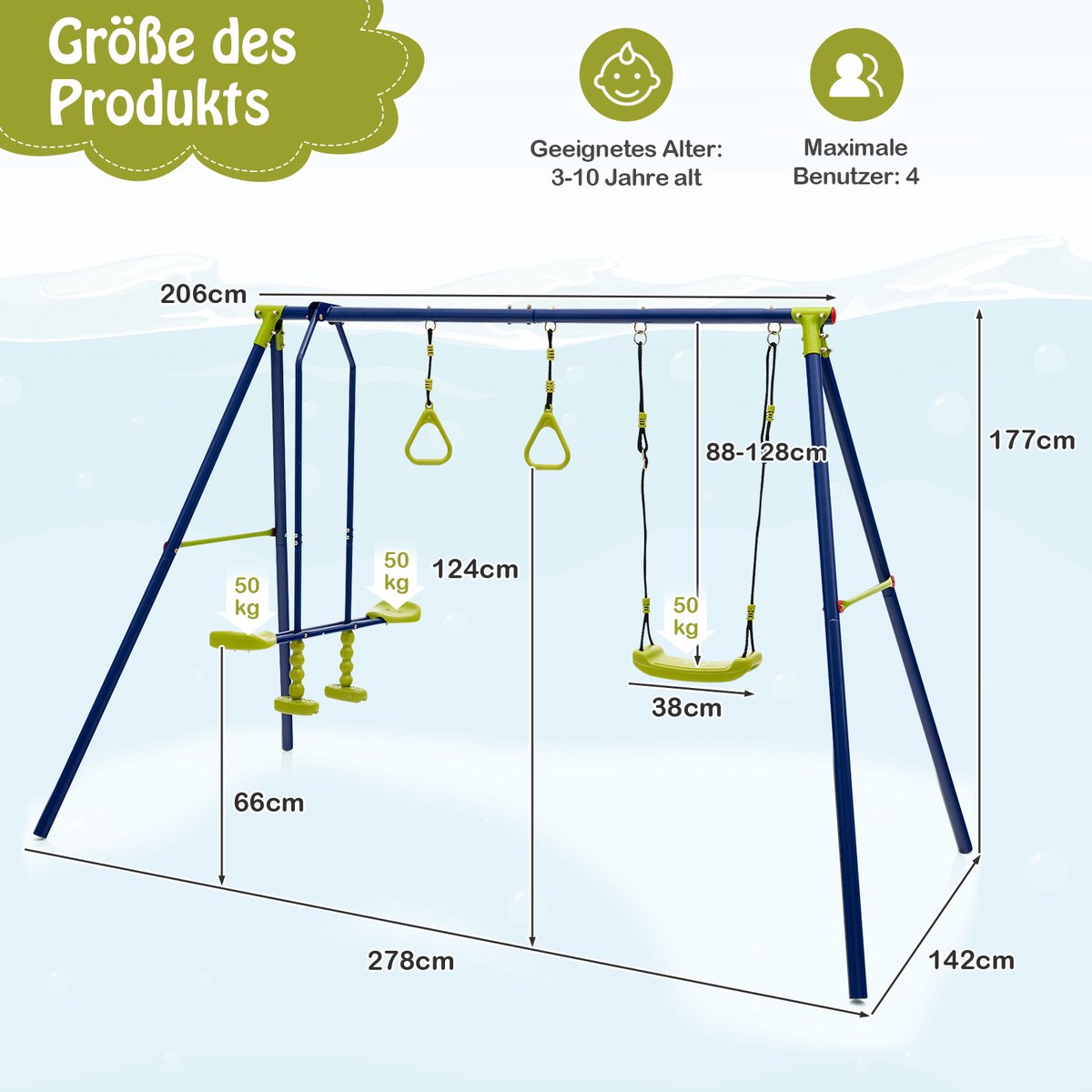COSTWAY Schommelframe voor buiten, kinderen, 3-in-1, met 1 kant naar zicht, 2 ringen, 1 schommelbank, draagbaar, metaal, voor kinderen, belasting 200 kg, voor tuin, park, voor jongens en meisjes van 3 tot 10 jaar — afbeelding 4