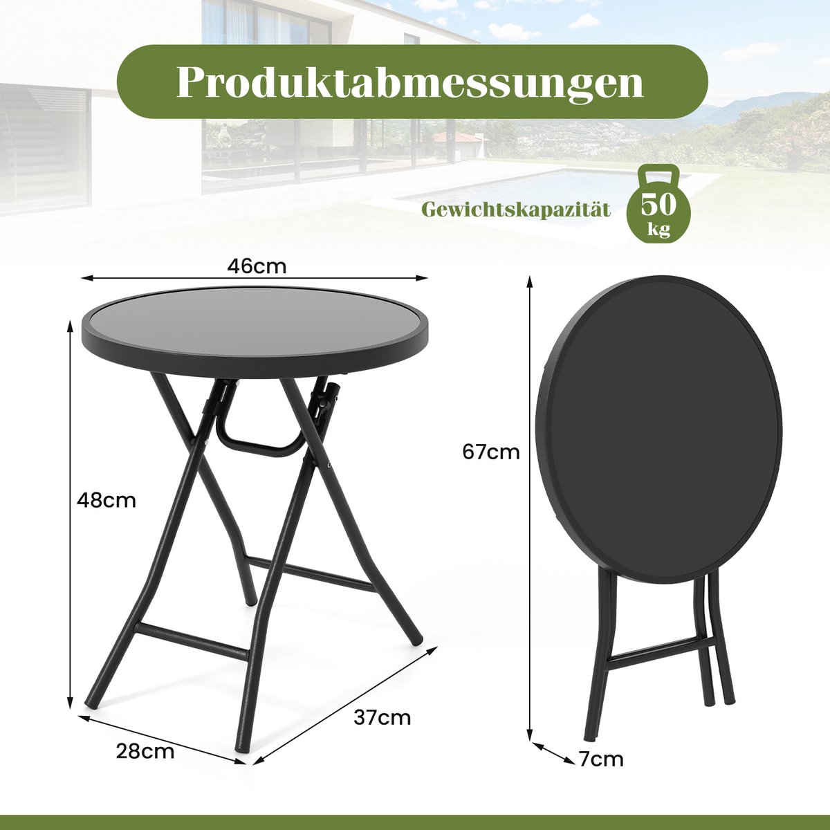 COSTWAY Bijzettafel inklapbaar, kleine klaptafel, tuintafel, ronde balkontafel eettafel voor balkon, tuin, terras, zwart thumbnail 6