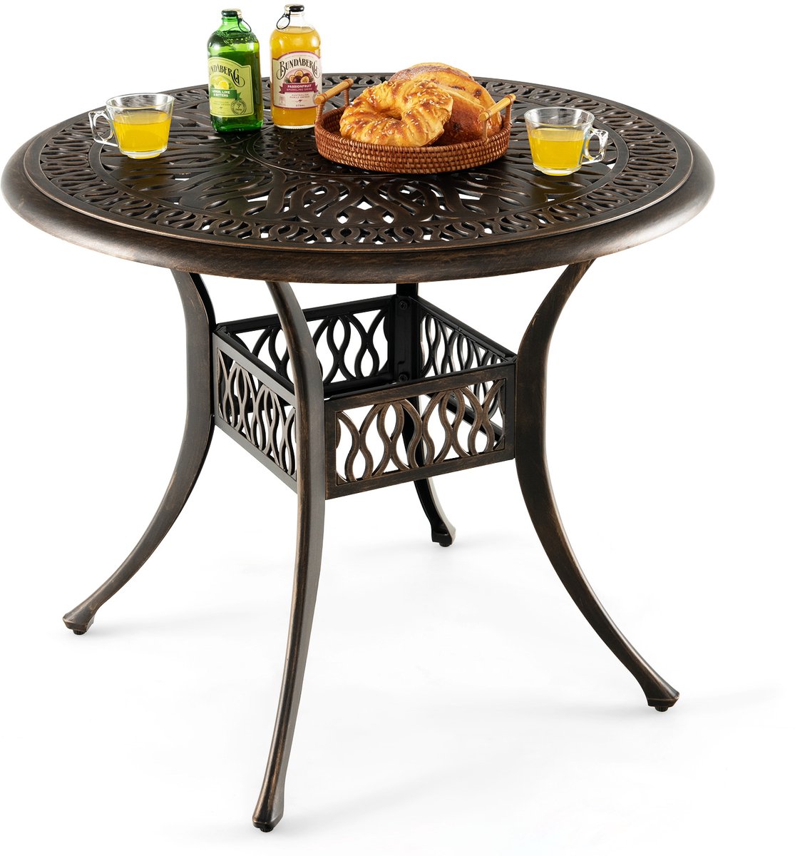COSTWAY Tuintafel met paraplugat, ronde balkontafel van gegoten aluminium, weerbestendige terrastafel voor tuin, antieke look, 90 x 90 x 74 cm