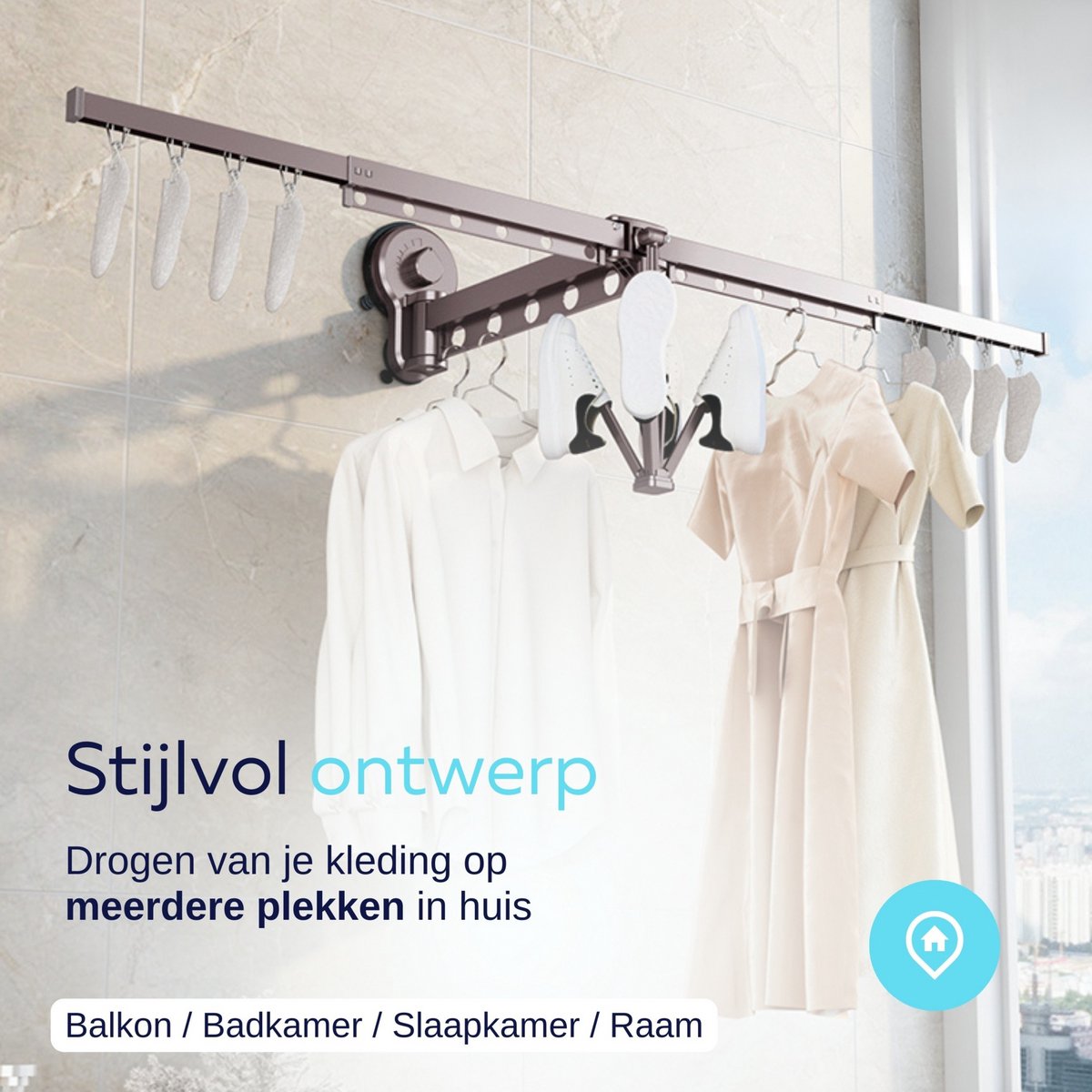 Wanddroogrek - Inklapbare kledinghanger - Uittrekbaar droogsysteem - Geen boren Wanddroogrek - Inklapbare kledinghanger - Uittrekbaar droogsysteem - Geen boren