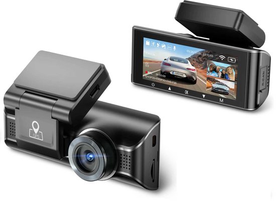 Twee weergaven van een zwarte dashcam, één met geopende bovenkant en één met ingeschakeld scherm dat beelden toont.