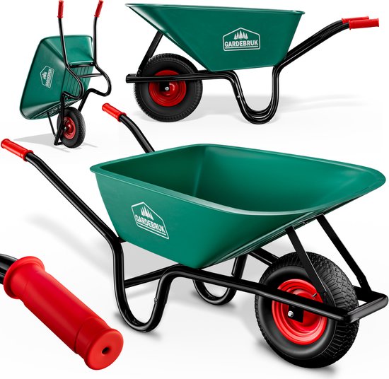 Groene kruiwagen met rode handvatten, bekeken vanuit verschillende hoeken. Rode handgreep los.