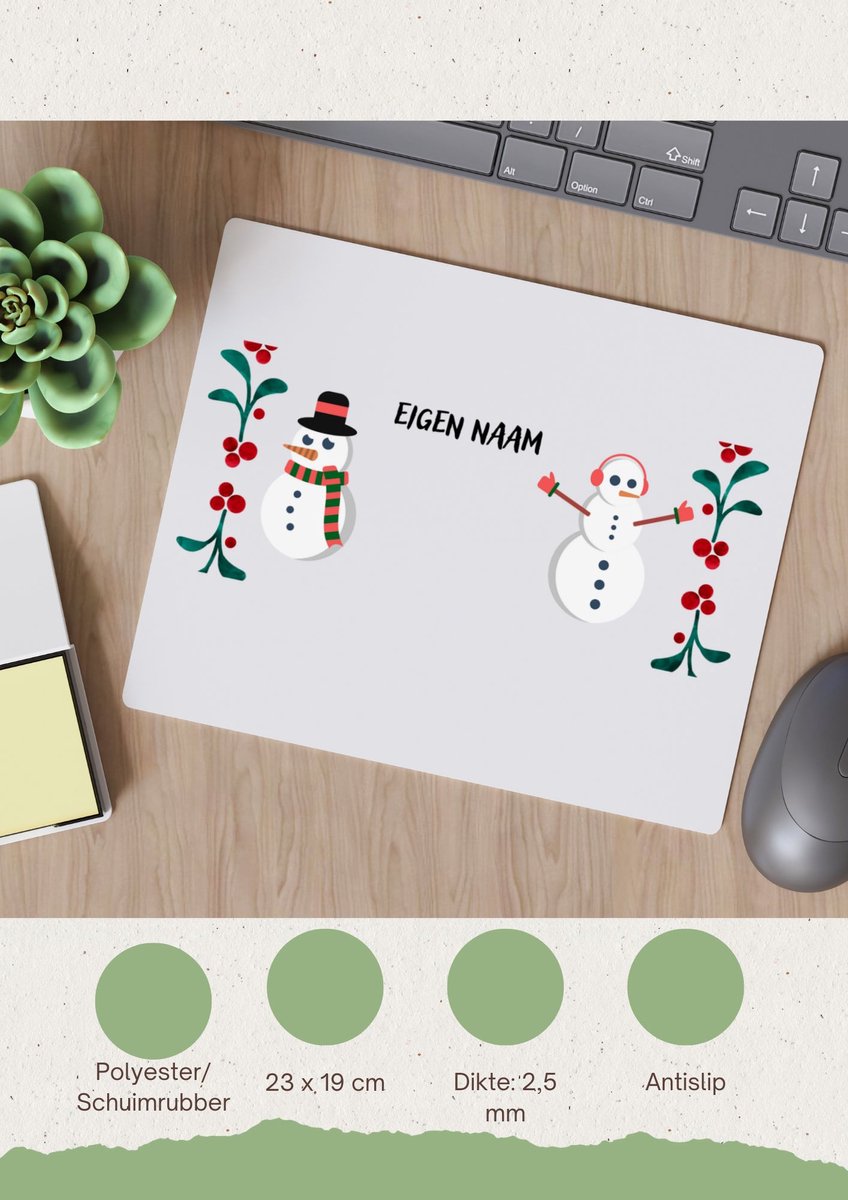 Akyol - kerst sneeuwpoppen met eigen naam Muismat - Kerstmis - kerst beker - winter - kerst - christmas - kerst cadeau - 23 bij 19 cm