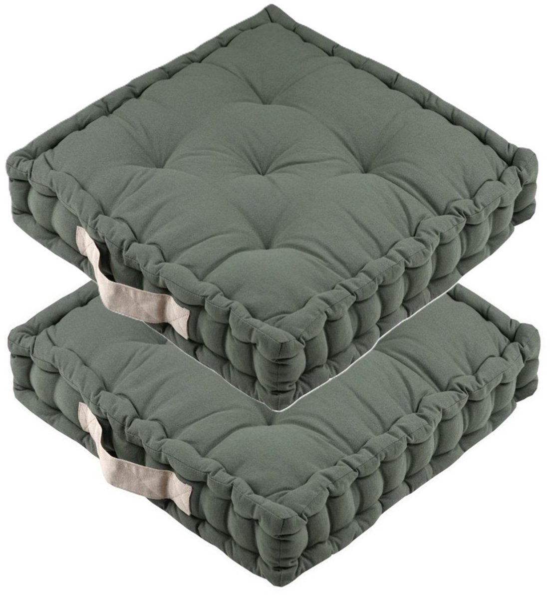 Stof Textile Vloerkussen DUO - 2x - olijfgroen - katoen - 45 x 45 x 10 cm - vierkant - Extra dik - extra zitplaatsen - spelen - gamen - relaxen Olijf groen