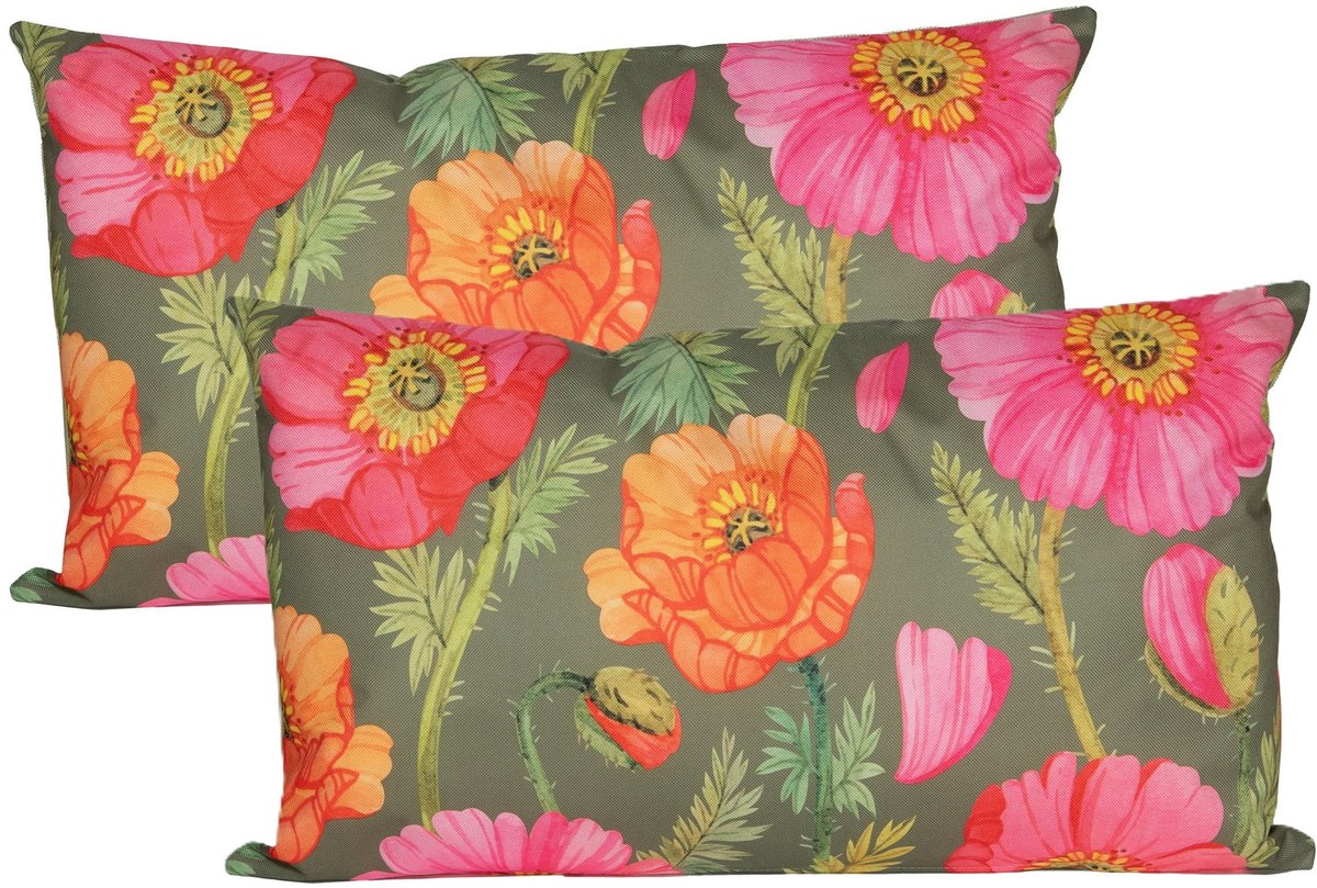 Anna's Collection Sierkussen voor binnen en buiten - 2x - klaprozen bloemen - groen/roze - 30 x 50 cm - tuinkussens