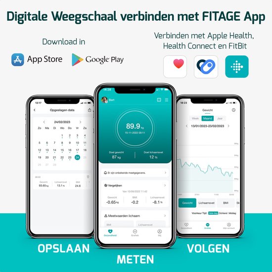 Drie smartphones tonen de FITAGE app met gewicht, BMI, vetpercentage en grafieken.