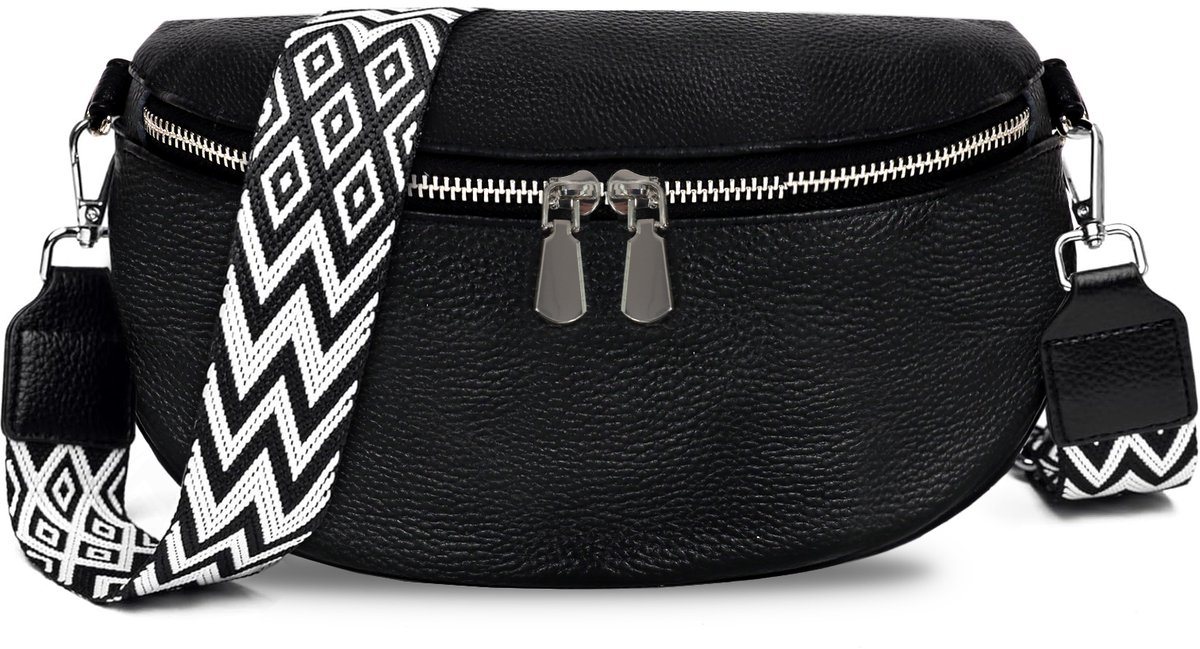 TAN.TOMI Dames Schoudertas – Leren Schoudertas - Trendy & Compact Crossbody Tas – Kleine Damestas met Ritssluiting & Verstelbare Bag Strap - Zwart
