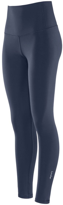 Donkerblauwe legging met hoge taille, zijaanzicht.