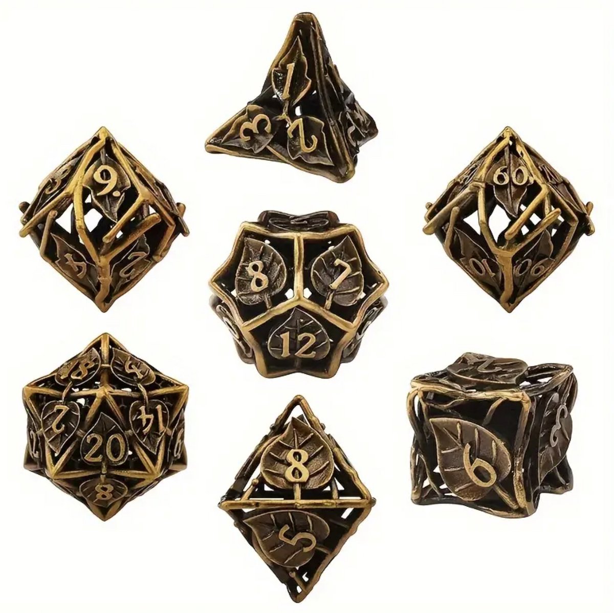 Joya Dice® Polydice Dobbelsteen set geschikt voor rollenspellen zoals Dungeons and Dragons D&D DnD | Dobbelstenen Set | Dice set | Metal dice 7 stuks set | Incl Luxe Opbergdoos | Metalen Dobbelstenen met Bladeren