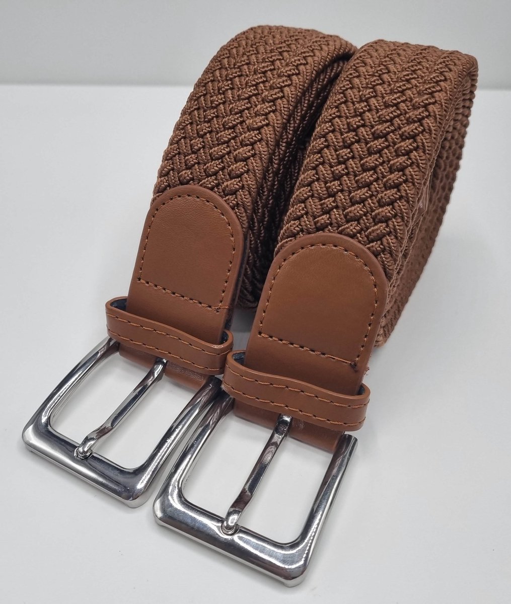 2 pack deal - Elastische riem - gevlochten broekriem - dames en heren riemen - kleur Lichtbruin 120 cm