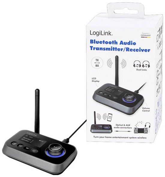 Transmetteur/récepteur audio Bluetooth LogiLink avec écran LCD, contrôle du volume et double liaison.