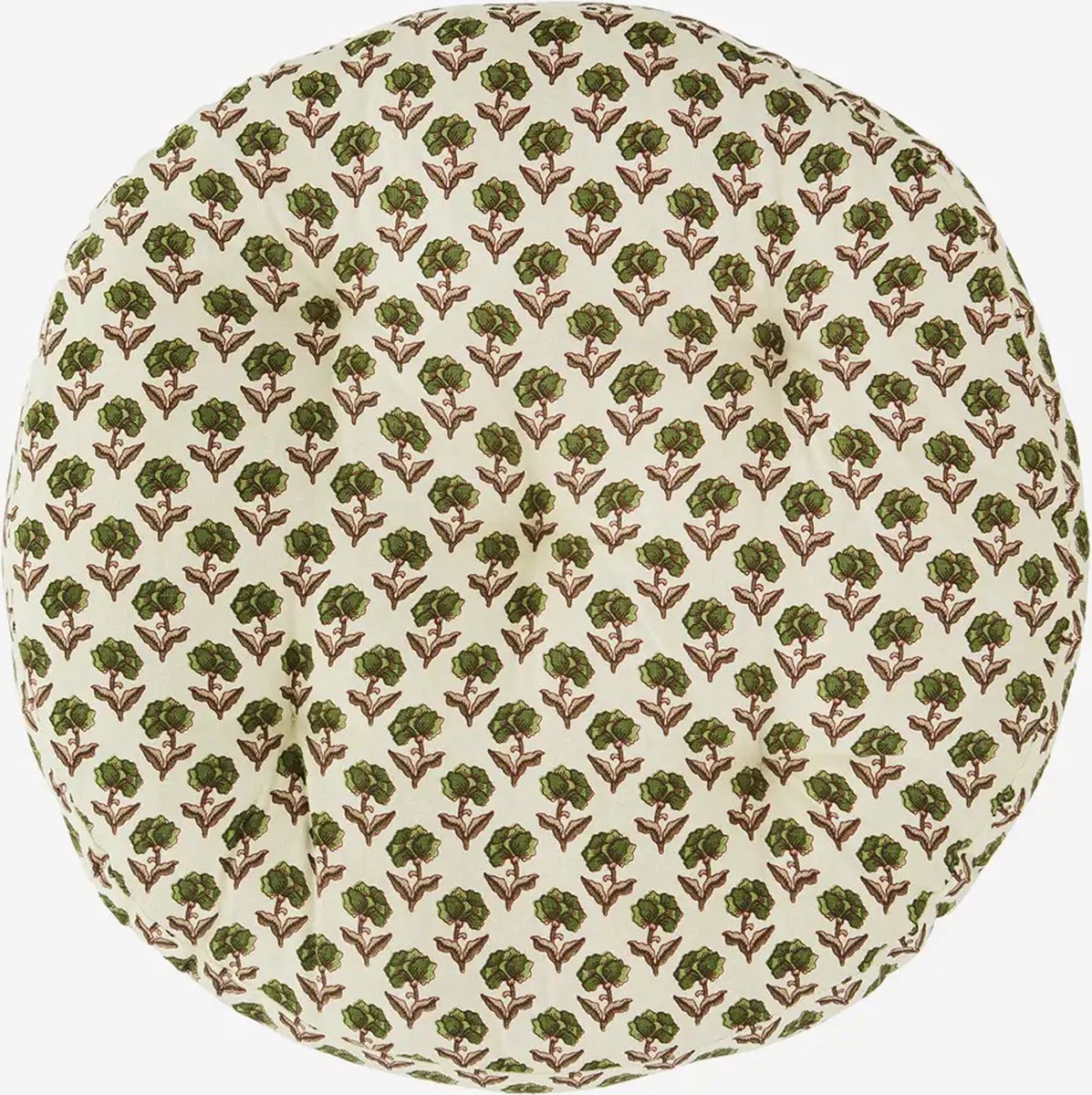 Madam Stoltz - Rond zitkussen - Gebroken wit met groene bloemetjes - 45cm