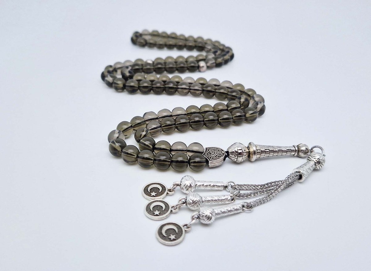 Handgemaakte tesbih "Tasbih" natuursteen " Rookkwarts" - Aantal kralen 99 - Diameter kralen 8MM - met metaal tassel "Vlag van Turkije" - Een mooi cadeau-idee