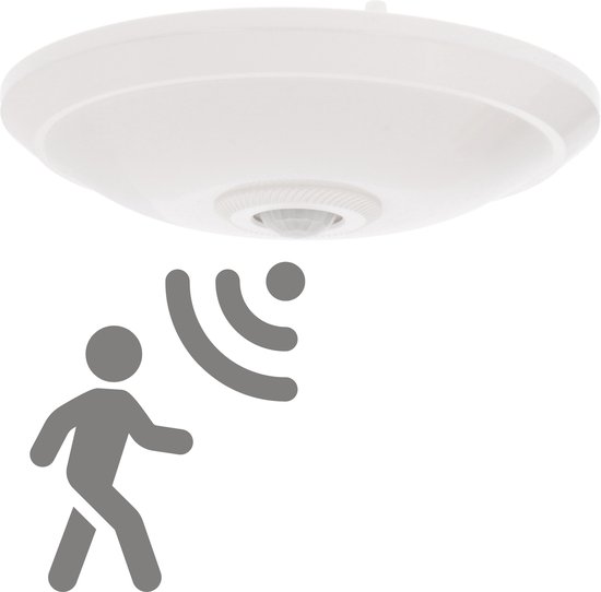 Witte plafondlamp met bewegingssensor en icoon van een lopende persoon.