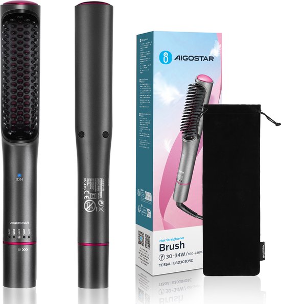 Aigostar Stijlborstel Straight Brush - Stijltang - 2 in 1 - Straightening & Curling Haarborstel - Ionisch - 110-240V - Ideaal voor op Reis - Infrarood Technologie - Elektrische haarborstel - Warmteborstel - Alle haartypes - Tessa