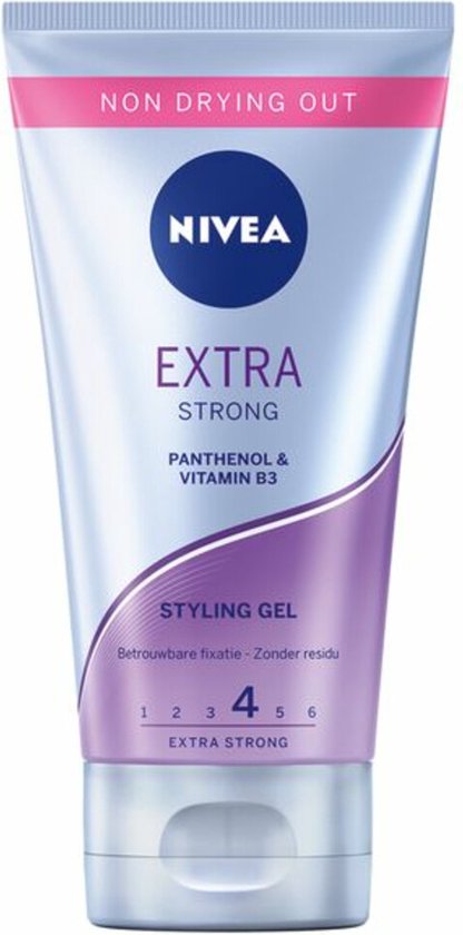 NIVEA Extra Strong styling gel in een paarse en witte tube, met "Non Drying Out" opdruk.