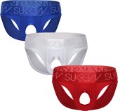SUKREW U-Style V-Brief Multipack 1 x Sapphire + 1 x White Shimmer + 1 x Liberty Rouge - TAILLE S - Sous-vêtements pour hommes - Jockstrap érotique pour homme - Jock sexy pour hommes