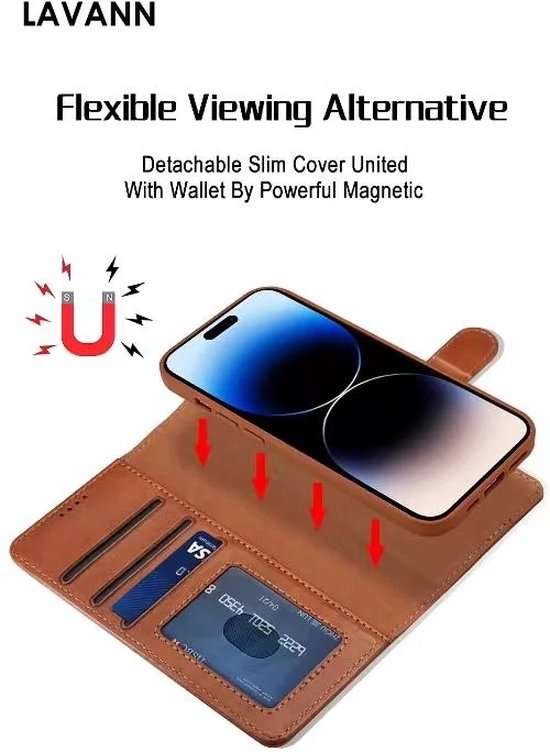 iPhone 14 Pro Max - Étui de téléphone en cuir de Luxe 2 en 1 - Élégant et multifonctionnel - Lavann - Bookcase magnétique 2 en 1 en cuir - Blauw