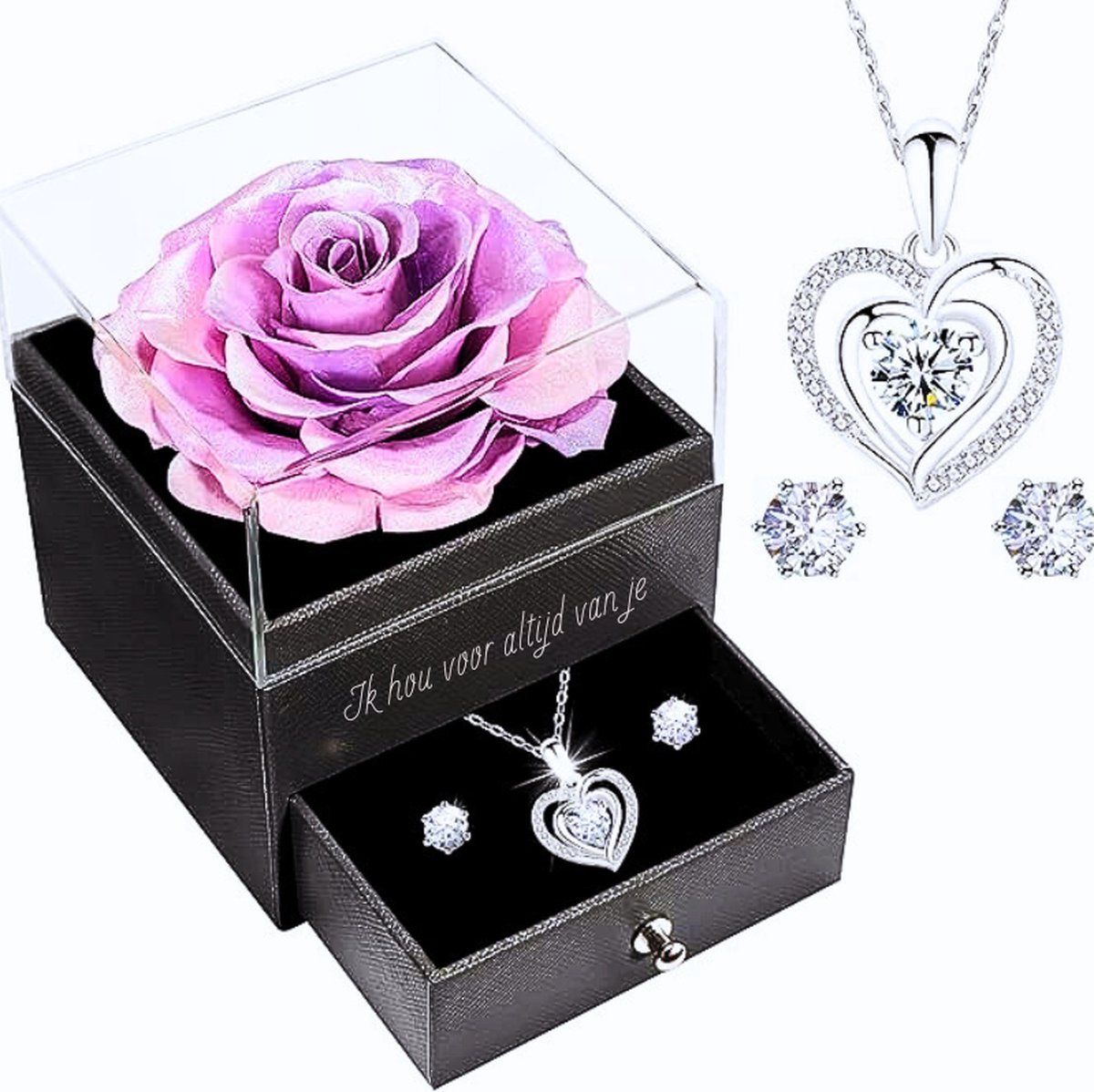 Unieke Geschenkpakket Voor Vrouwen: Handgemaakte Geconserveerde Roos Met Splitter Halsketting En Oorstekers – Perfect Voor Verjaardag - Jubileum - Moederdag En Als Cadeau Voor Mama Of Vriendin