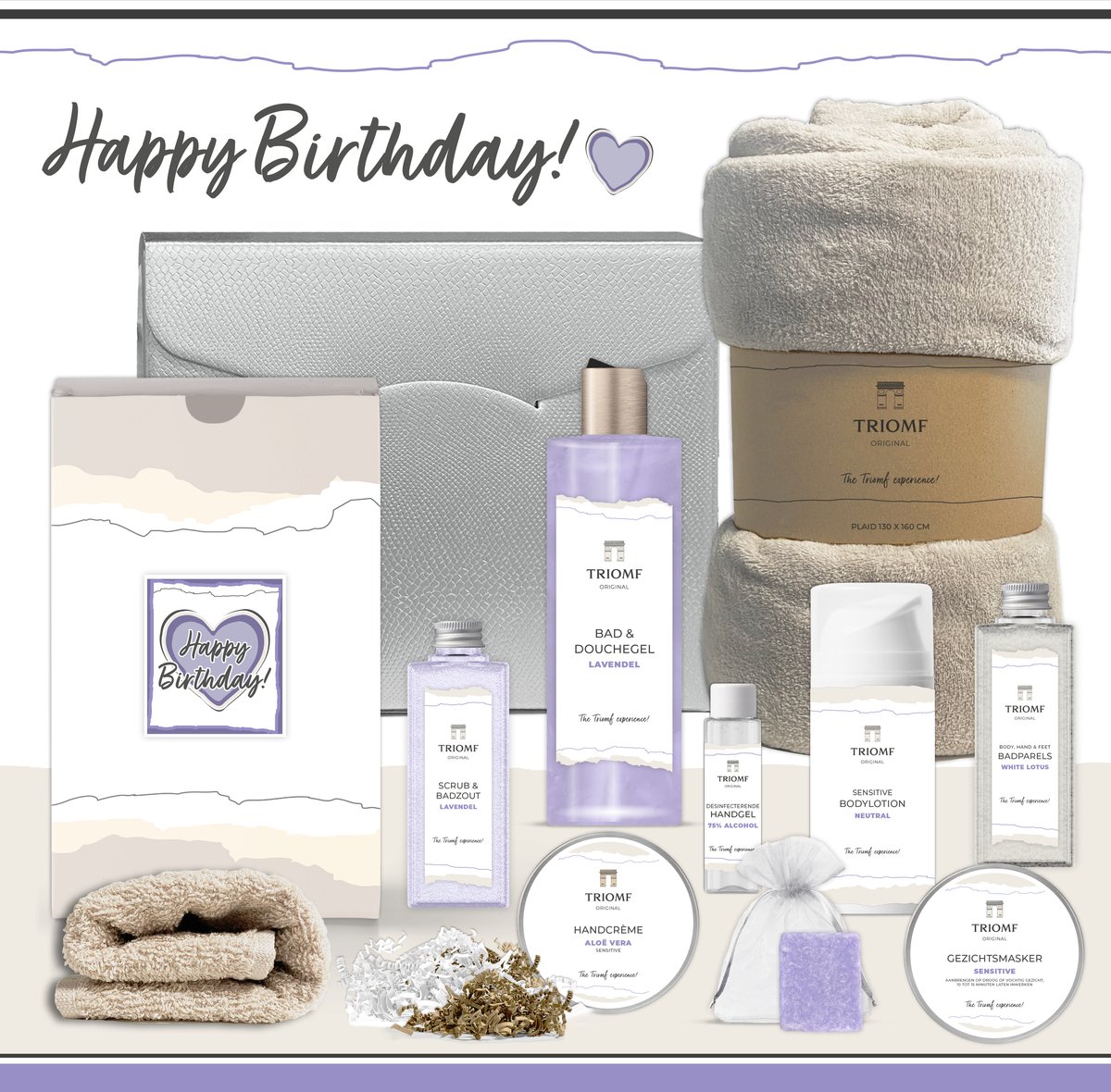 Geschenkset “Happy Birthday!” - 10 producten - 1190 gram | Triomf Original Lavendel - Giftset voor haar Gefeliciteerd Luxe Wellness Douche Cadeaupakket Verjaardag Feestje Geschenk Vrouw Vriendin Party Girlfriend Gift Woman Cadeau Set Lavender Paars