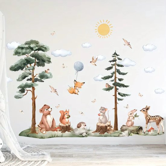 Muursticker 'Bosdieren, Vogels en Vos aan Ballon' - Babykamer - Kinderkamer - 76x55cm - Zelfklevend PVC - Vos - Hert - Beer - Konijn - Eekhoorn - Dierenbos