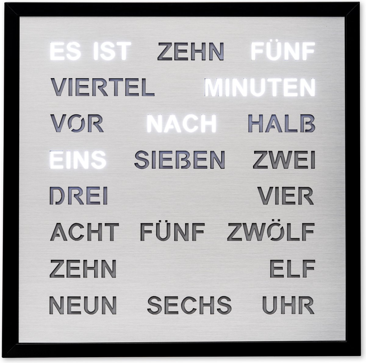 Intertime | Woordklok | Wandklok | 40x40 | Zilver | Duits - mooie klok met Duitse Tekst / tekst in Woorden / met snoer / 220V