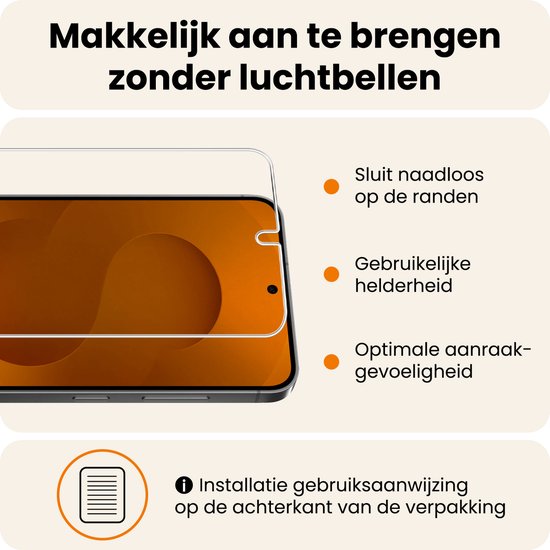 Protection d'écran sur un téléphone, avec texte: S'ajuste parfaitement aux bords, Luminosité habituelle, Sensibilité tactile optimale.