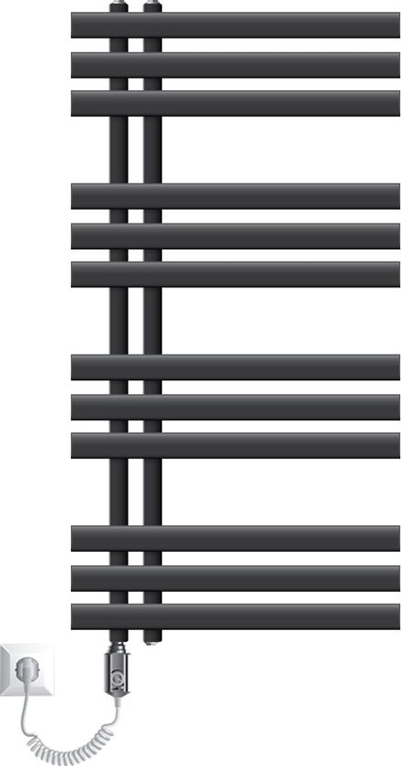 Antracietkleurige designradiator met spiraalkabel en stekker.