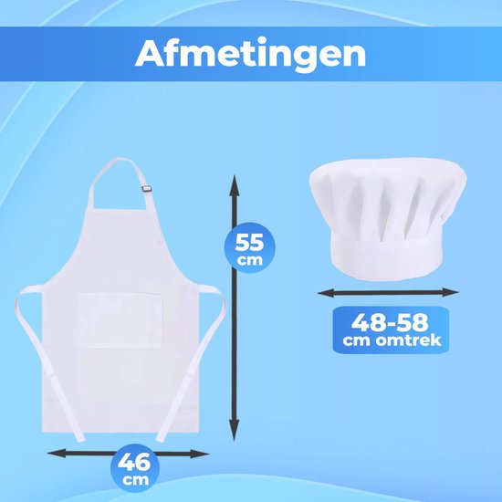 Afmetingen: Schort 55 cm hoog, 46 cm breed. Koksmuts omtrek 48-58 cm