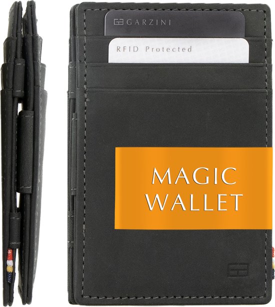 Zwarte RFID-beschermde portemonnee met vakjes, naast een zijaanzicht van de slanke portemonnee.