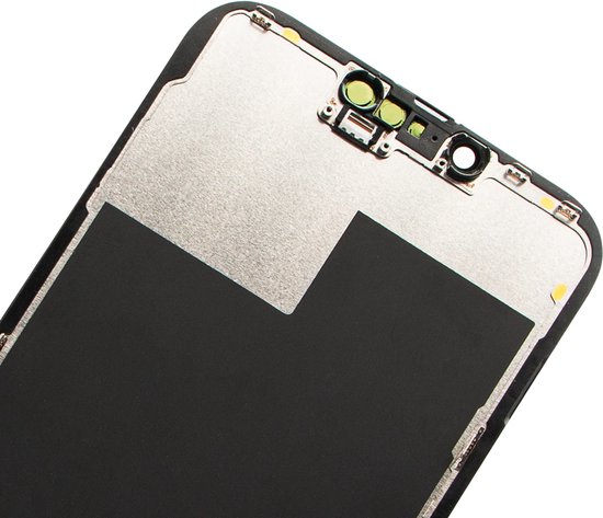 Detailopname van de bovenkant van een zwart iPhone 13 Pro Max schermunit met camera en sensoren.