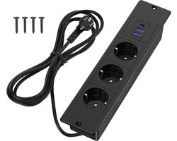 StayPowered Inbouw Stekkerdoos - Slim en Veelzijdig Stroompunt - 3 Stopcontacten - 2 USB + 1 USB-C - 2M Kabel - Compact en Inbouwbaar - Eenvoudige Installatie - Ideaal voor Werkbladen - Zwart - Levering Sneller dan Aangegeven!