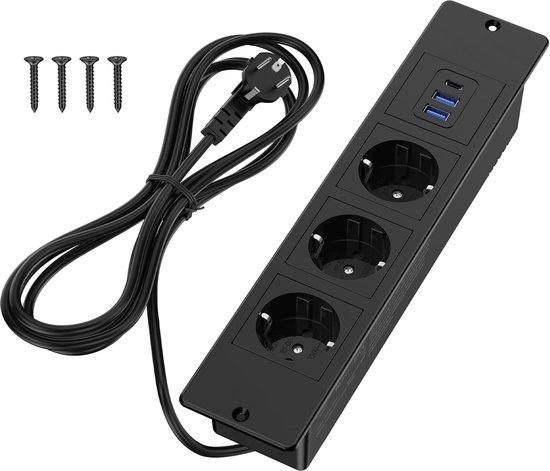 StayPowered Inbouw Stekkerdoos - Slim en Veelzijdig Stroompunt - 3 Stopcontacten - 2 USB + 1 USB-C - 2M Kabel - Compact en Inbouwbaar - Eenvoudige Installatie - Ideaal voor Werkbladen - Zwart - Levering Sneller dan Aangegeven!