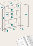 Montagetekening van een witte metalen kast met genummerde onderdelen.