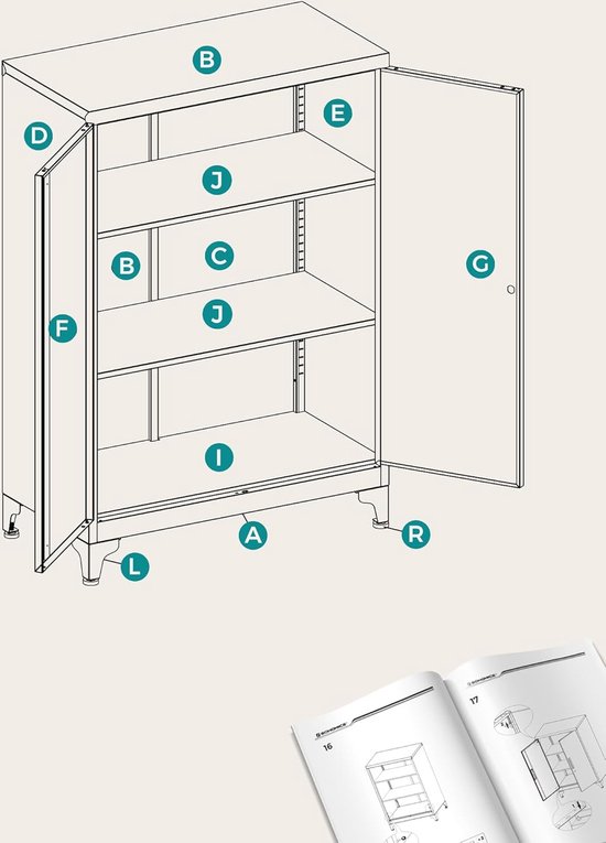 Montagetekening van een witte metalen kast met genummerde onderdelen.