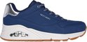 Zijaanzicht van de donkerblauwe Skechers sneaker met contrasterende witte zool en bruin profiel.