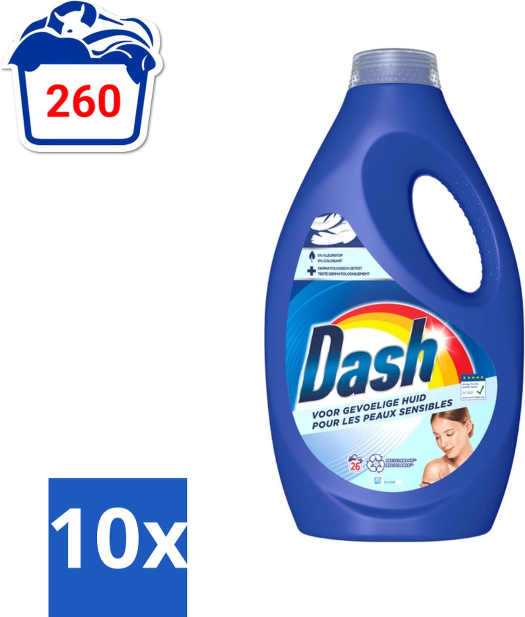 Dash Sensitive - Vloeibaar Wasmiddel - Voor Gevoelige Huid - Witte en Gekleurde Was - 26 Wasbeurten - Bulkverpakking - 10 stuks