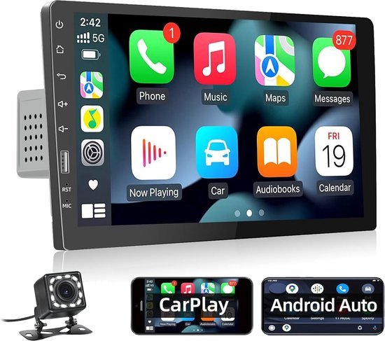 9 Inch 1 DIN Carplay Scherm – Apple Carplay – Android Auto – Touchscreen – Inclusief Achteruitrijcamera – Zwart